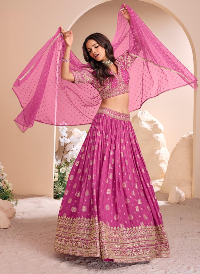 Jacquard Silk Pink Wedding Wear Embroidery Work Ready To Wear Lehenga Choli